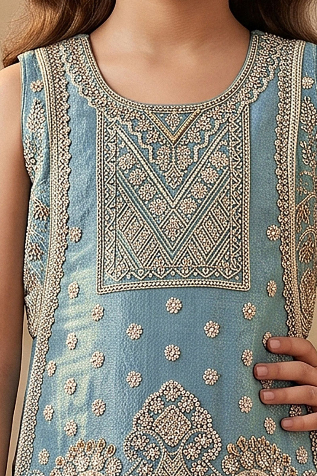 Light Blue Beads, Zari and Sequins work Palazzo Suit Set for Girls