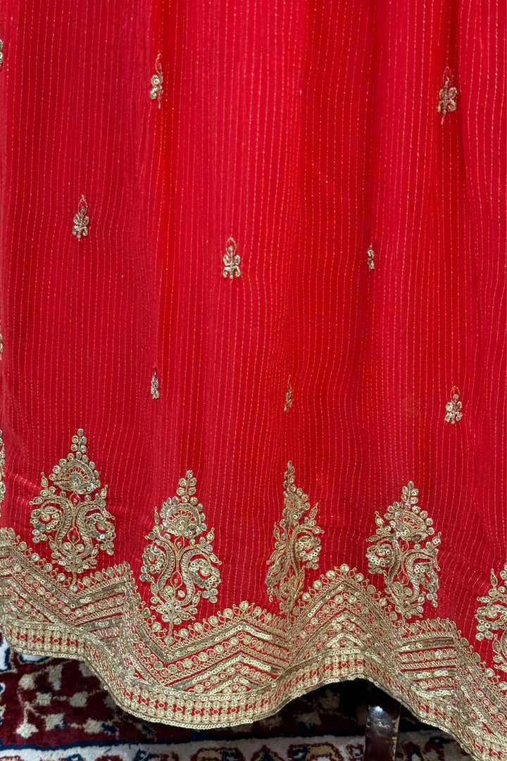 Red Mirror, Zardozi, Beads, Thread, Stone, Zari and Sequins work Crop Top Lehenga