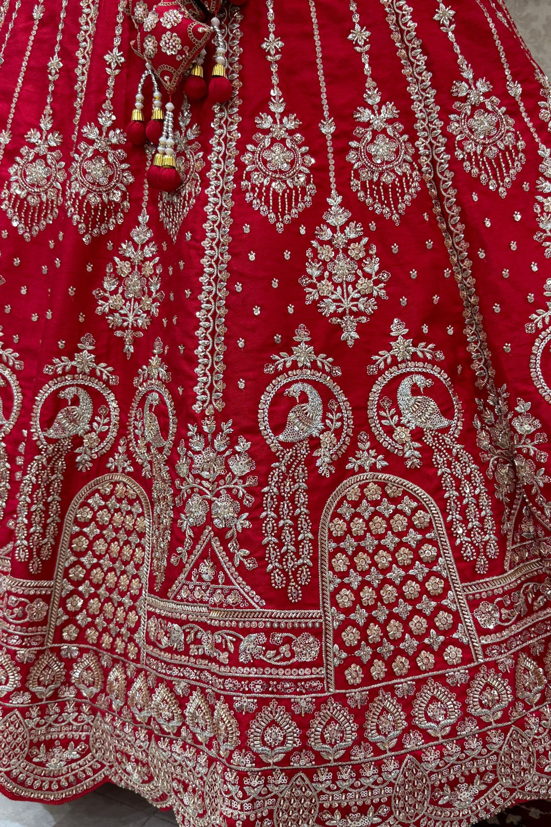 Red Beads, Zari, Zardozi, Thread and Sequins work Crop Top Designer Bridal Lehenga