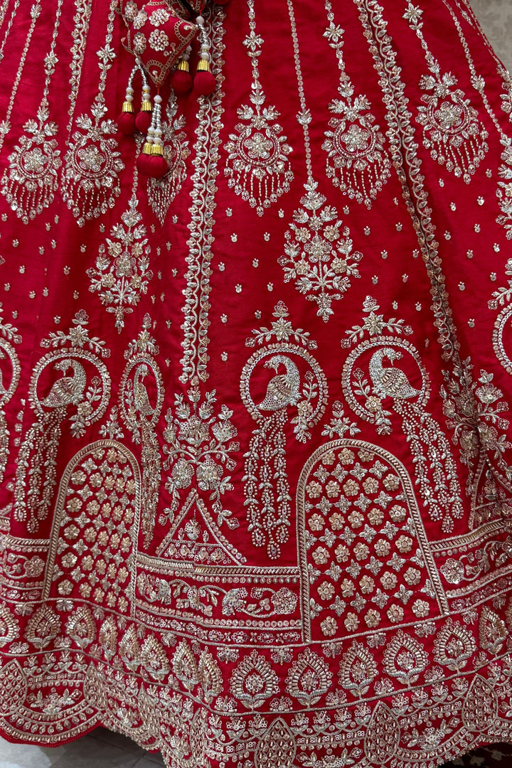 Red Beads, Zari, Zardozi, Thread and Sequins work Crop Top Designer Bridal Lehenga