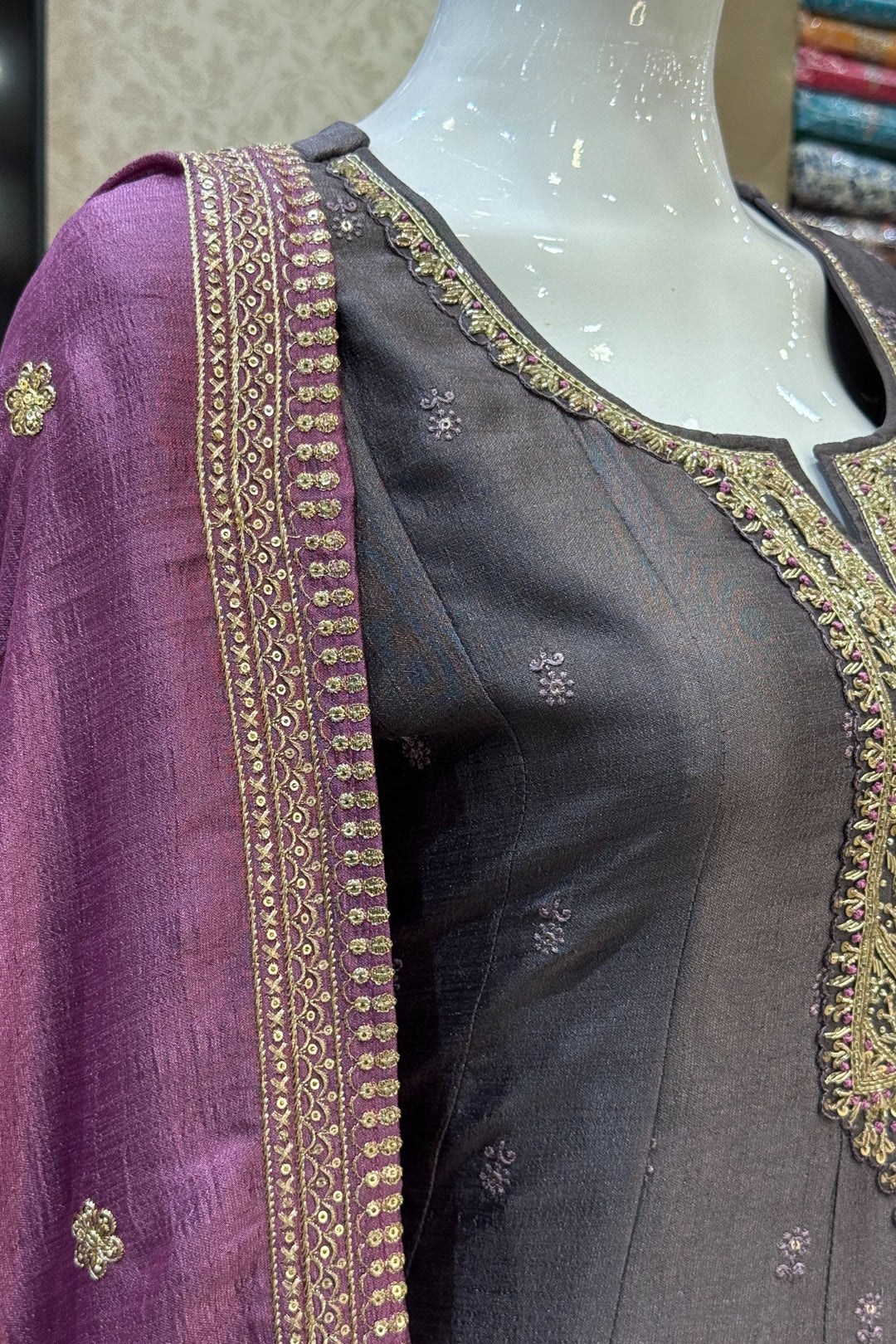 Grey Beads, Zardozi, Thread, Sequins, Stone and Zari work A-line Cut Salwar Suit