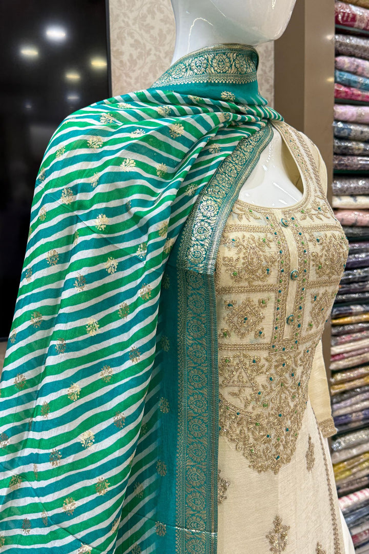 Beige Zari, Sequins and Thread work with Leheriya Print Palazzo Salwar Suit