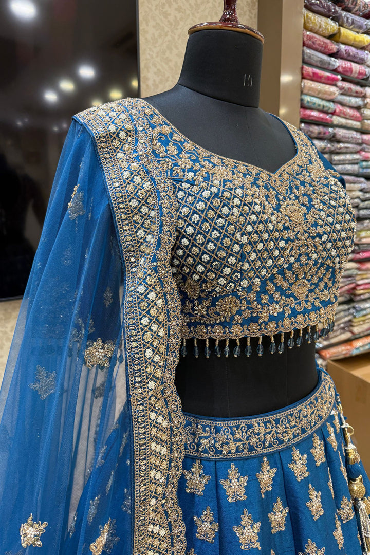 Teal Blue Beads, Zari, Zardozi and Sequins work Crop Top Designer Bridal Lehenga with Belt