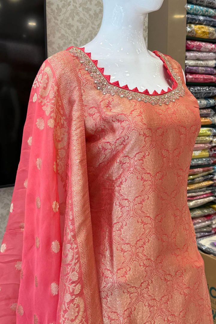 Peach Beads, Mirror, Stone, Banaras and Brocade work Straight Cut Salwar Suit