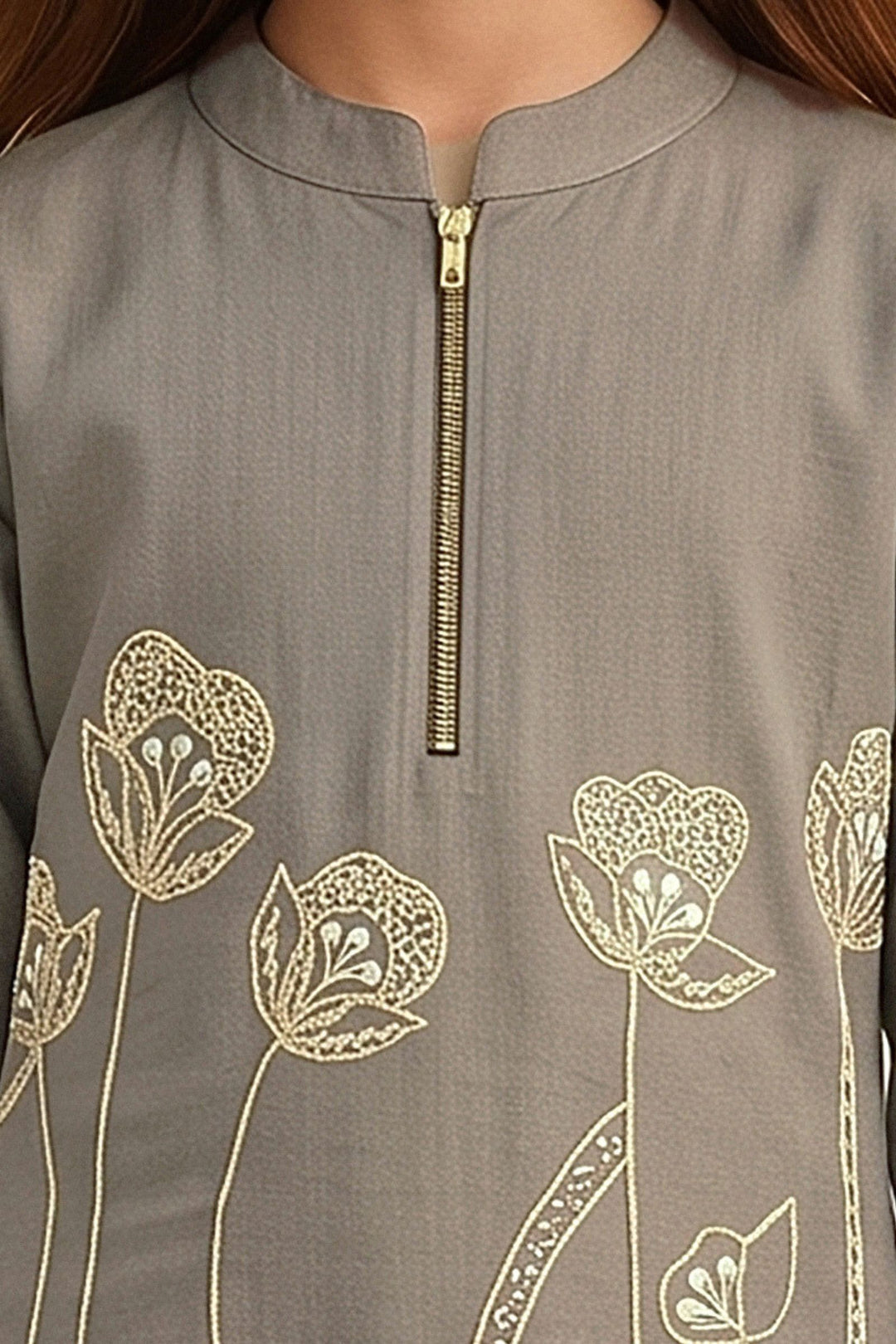 Grey Pearl, Beads and Thread work Co-ord Set for Girls