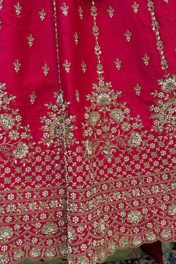 Rani Pink Beads, Zari, Zardozi and Sequins work Crop Top Designer Bridal Lehenga with Belt