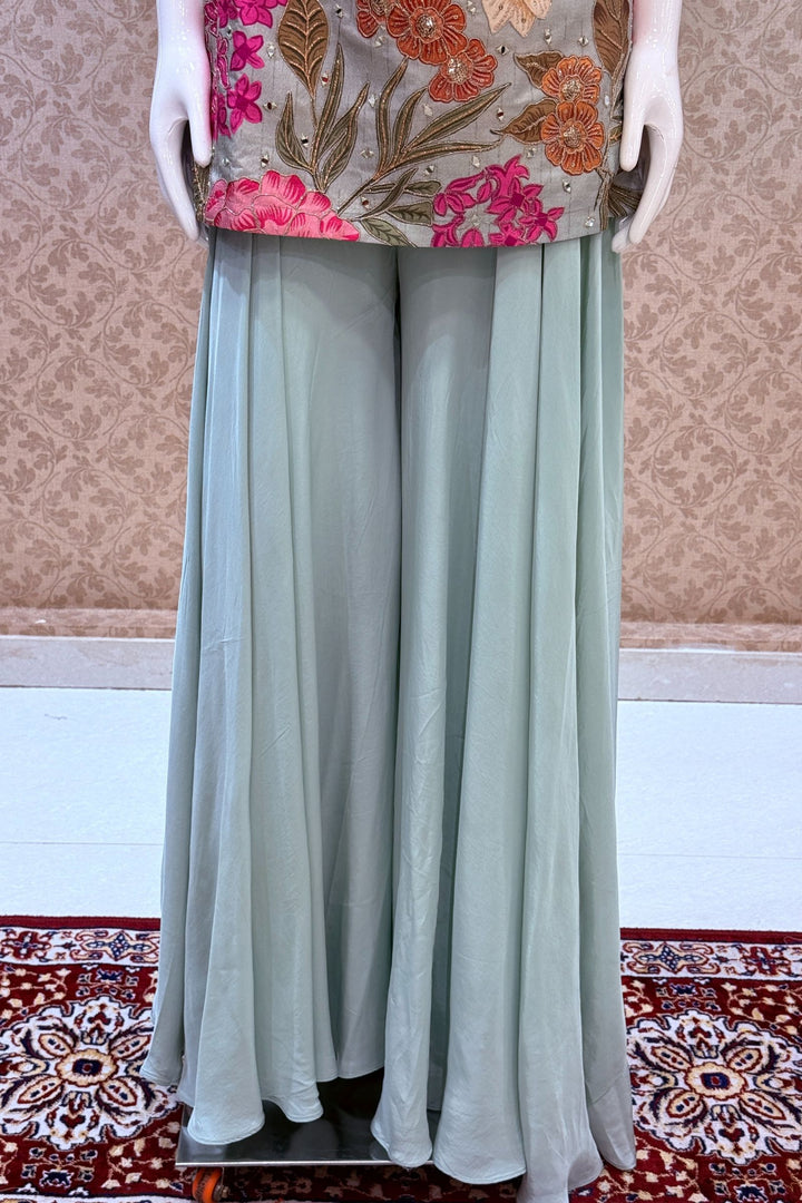 Aqua Blue Mirror, Sequins, Zari and Beads work with Floral Print Palazzo Salwar Suit