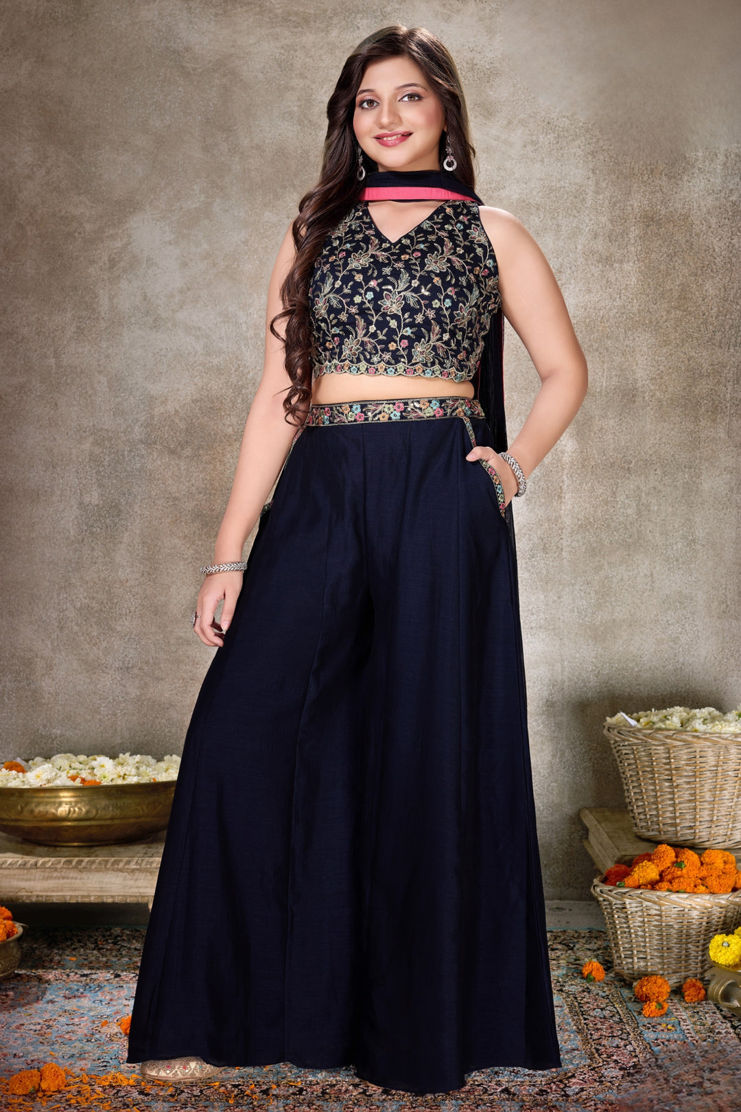 Navy Blue Multicolor Embroidery, Sequins and Zari work Palazzo Suit Set for Girls
