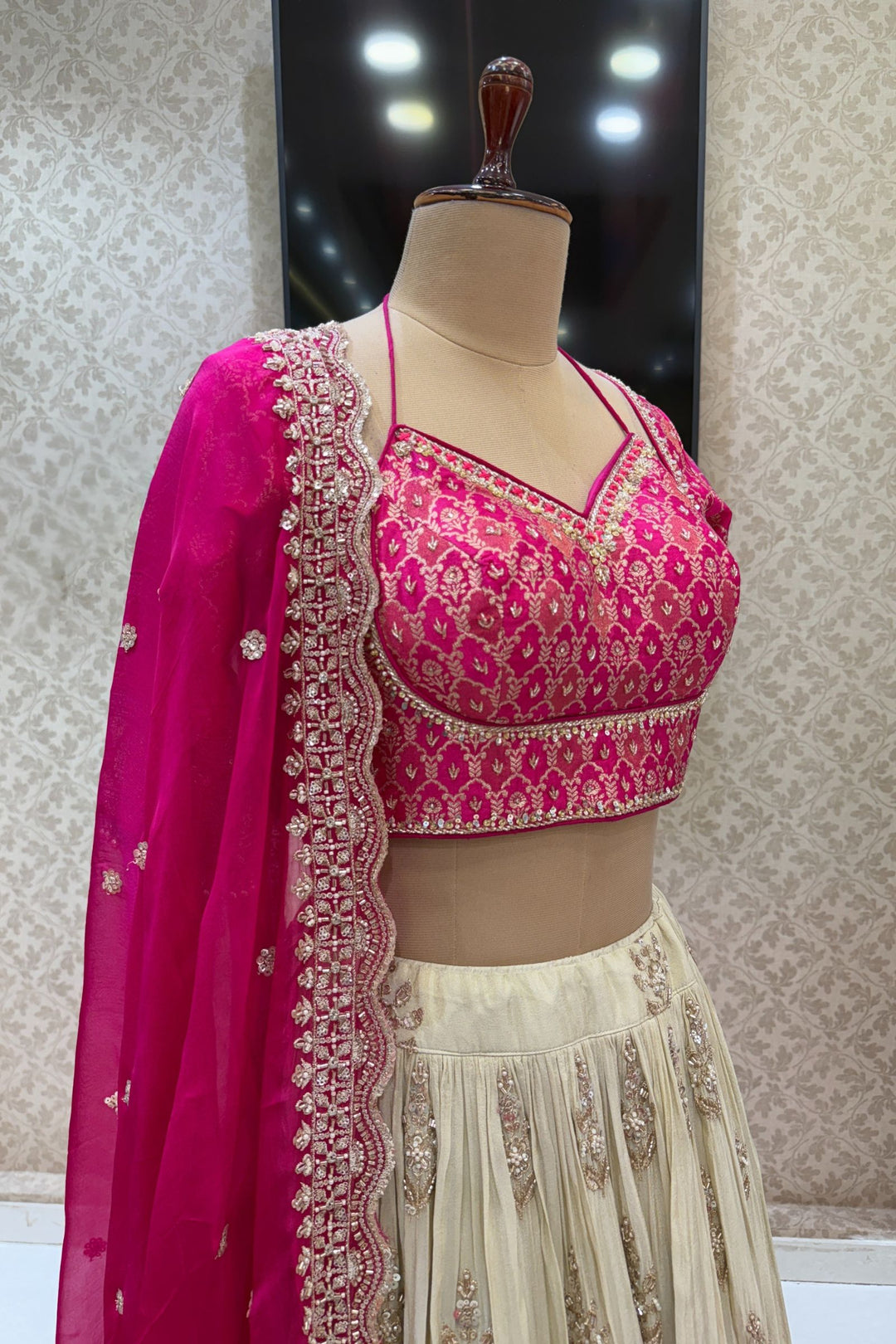 Pink with Cream Beads, Sequins, Stone, Mirror, Zari and Banaras work Crop Top Lehenga
