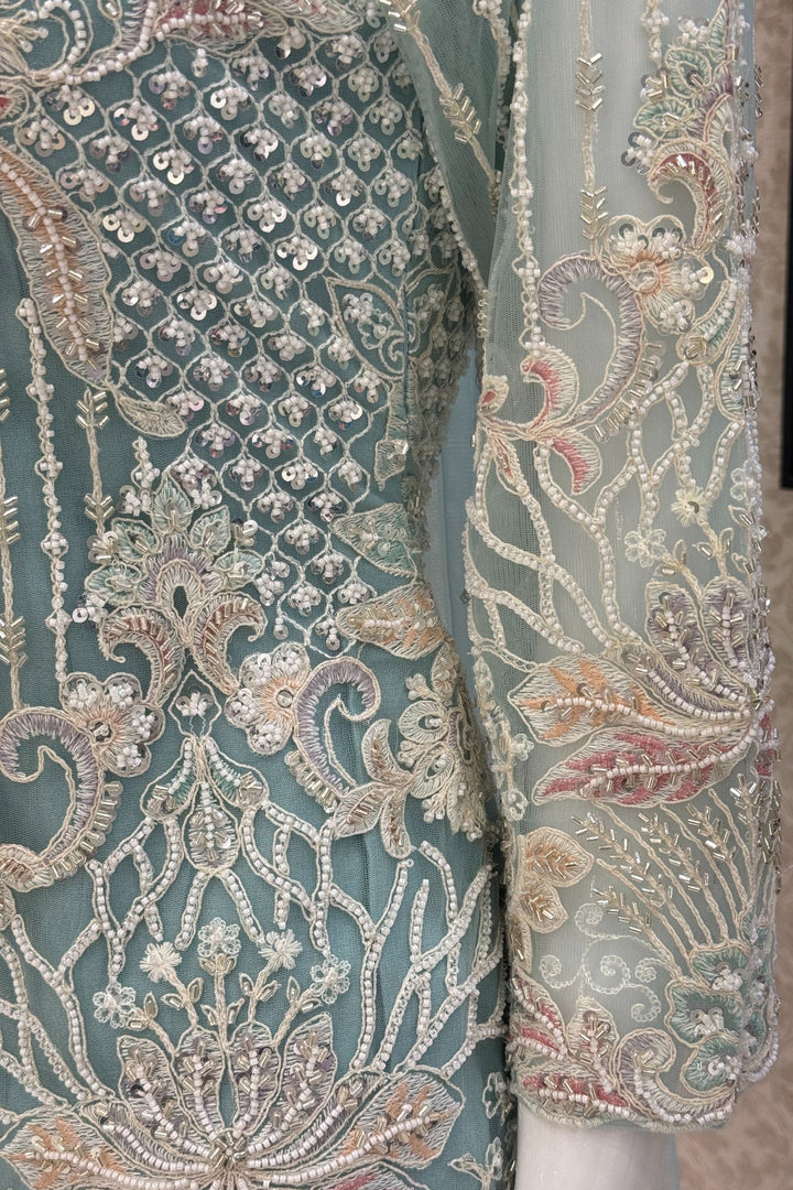 Sea Green Beads, Multicolor Embroidery and Sequins work Palazzo Suit Set