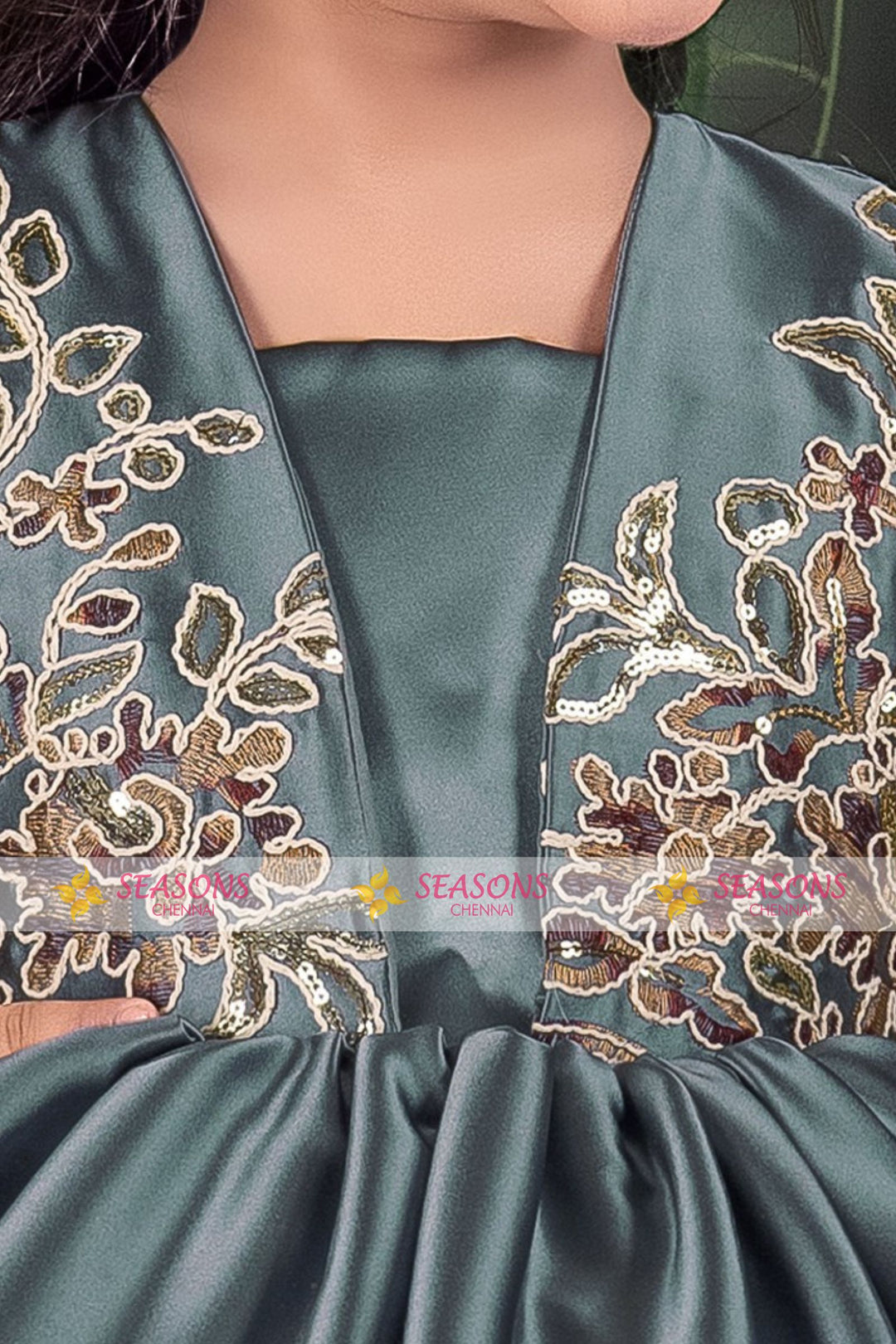 Dark Grey Embroidery and Sequins work Short Partywear Frock for Girls