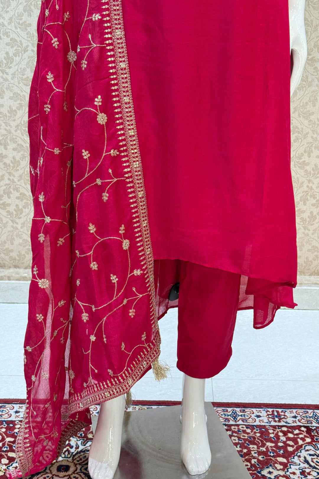 Rani Pink Beads, Pearl, Zardozi, Stone, Zari and Sequins work Aline Cut Salwar Suit