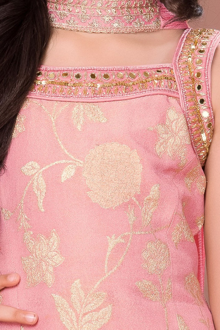 Pink Zari, Sequins, Mirror, Zardozi, Beads and Stone work Palazzo Suit Set for Girls