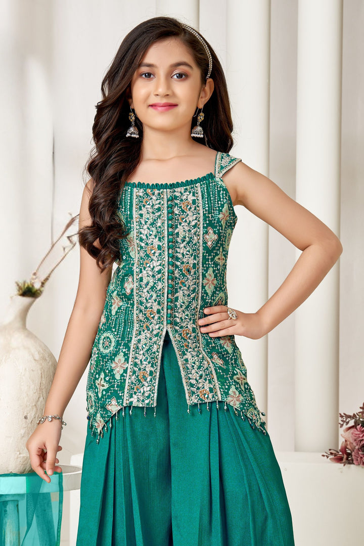 Rama Green Zari, Mirror and Sequins work with Digital Print Palazzo Suit Set for Girls