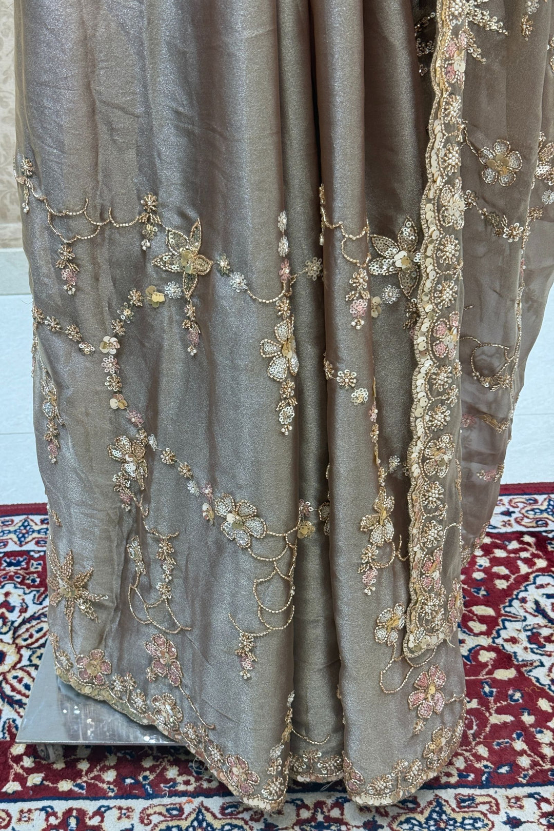 Copper Sequins, Beads, Zari and Pearls work Saree