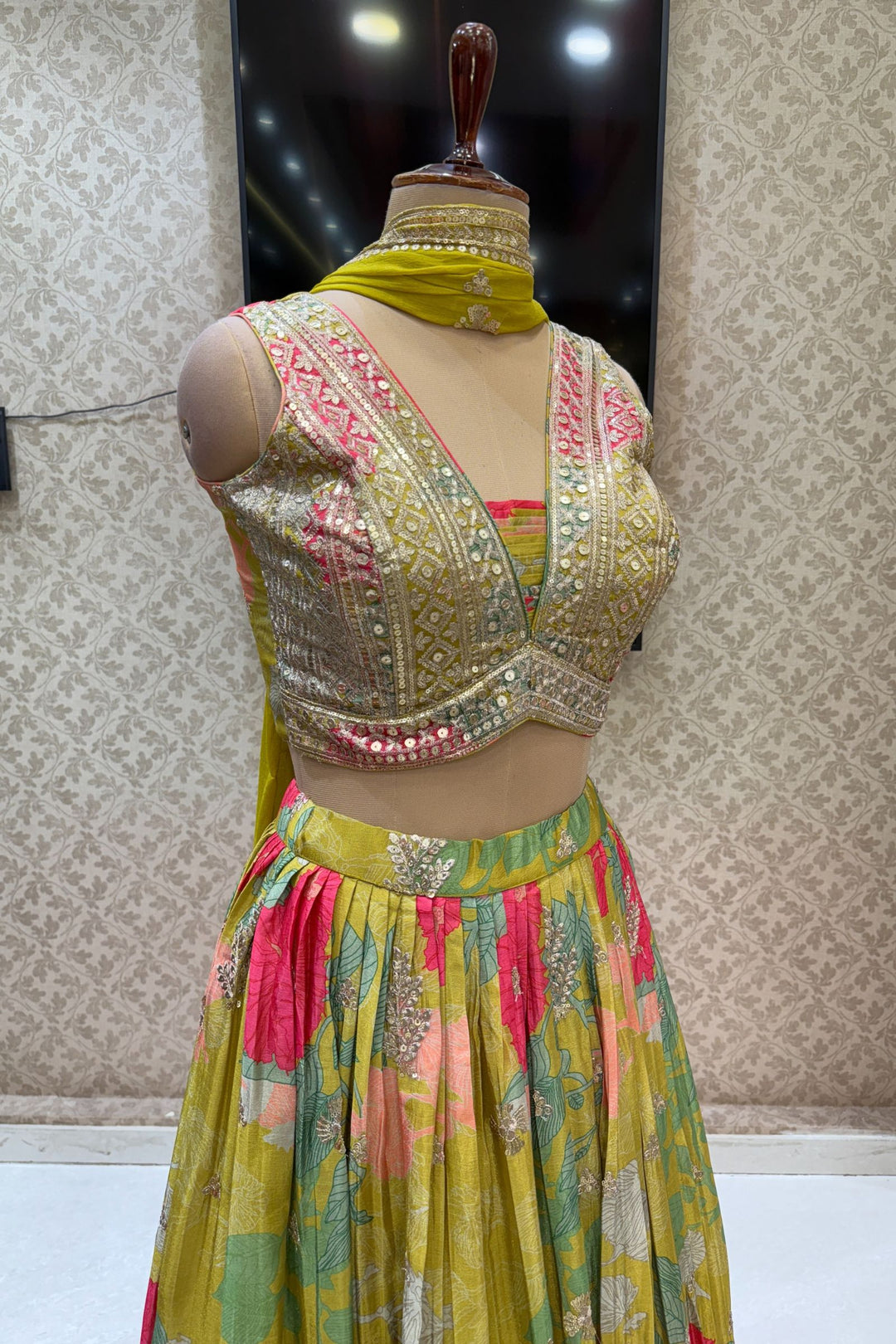 Liril Green Sequins and Zari work with Multicolor Digital Print Crop Top Lehenga