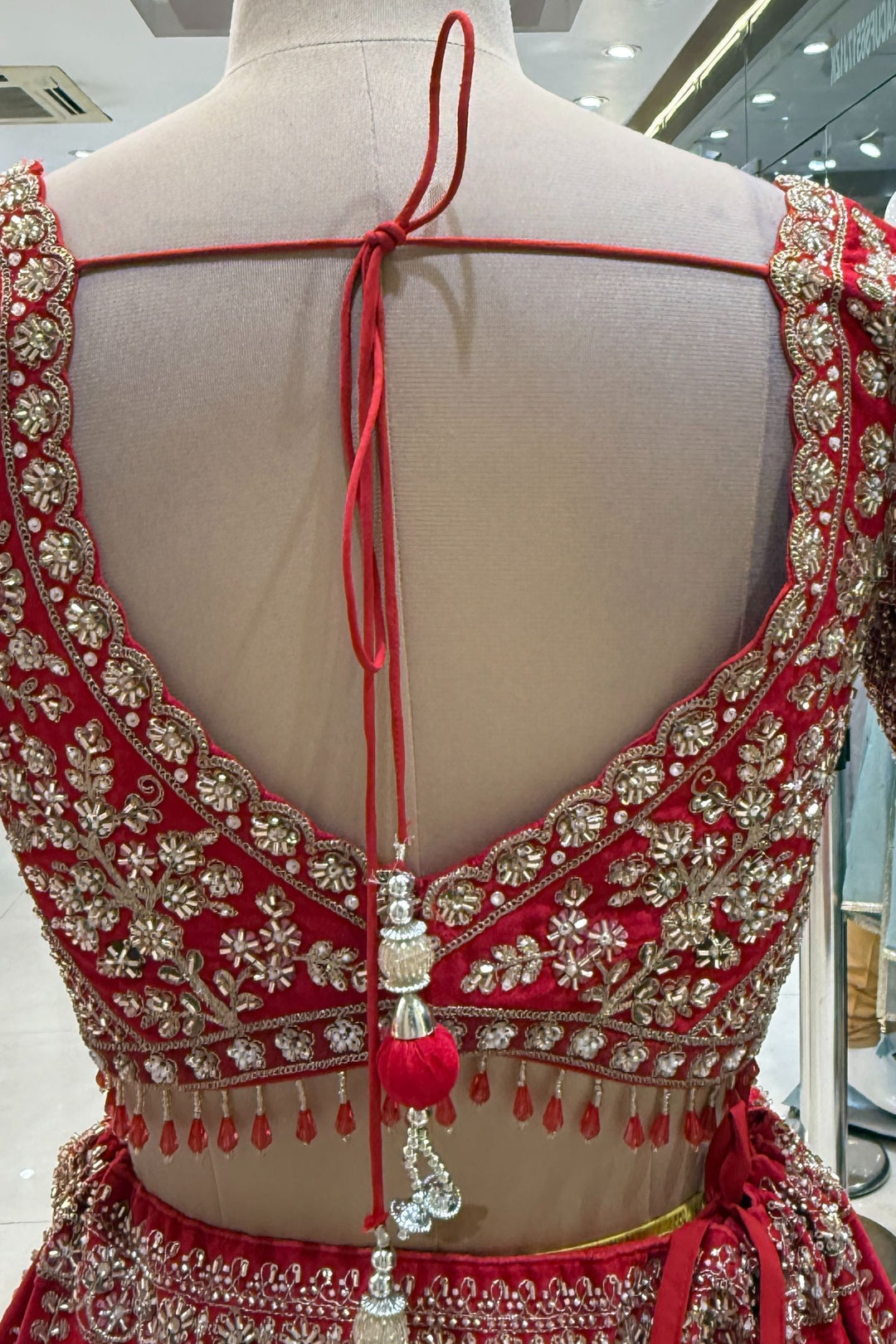 Red Beads, Zari, Zardozi, Thread and Sequins work Crop Top Designer Bridal Lehenga