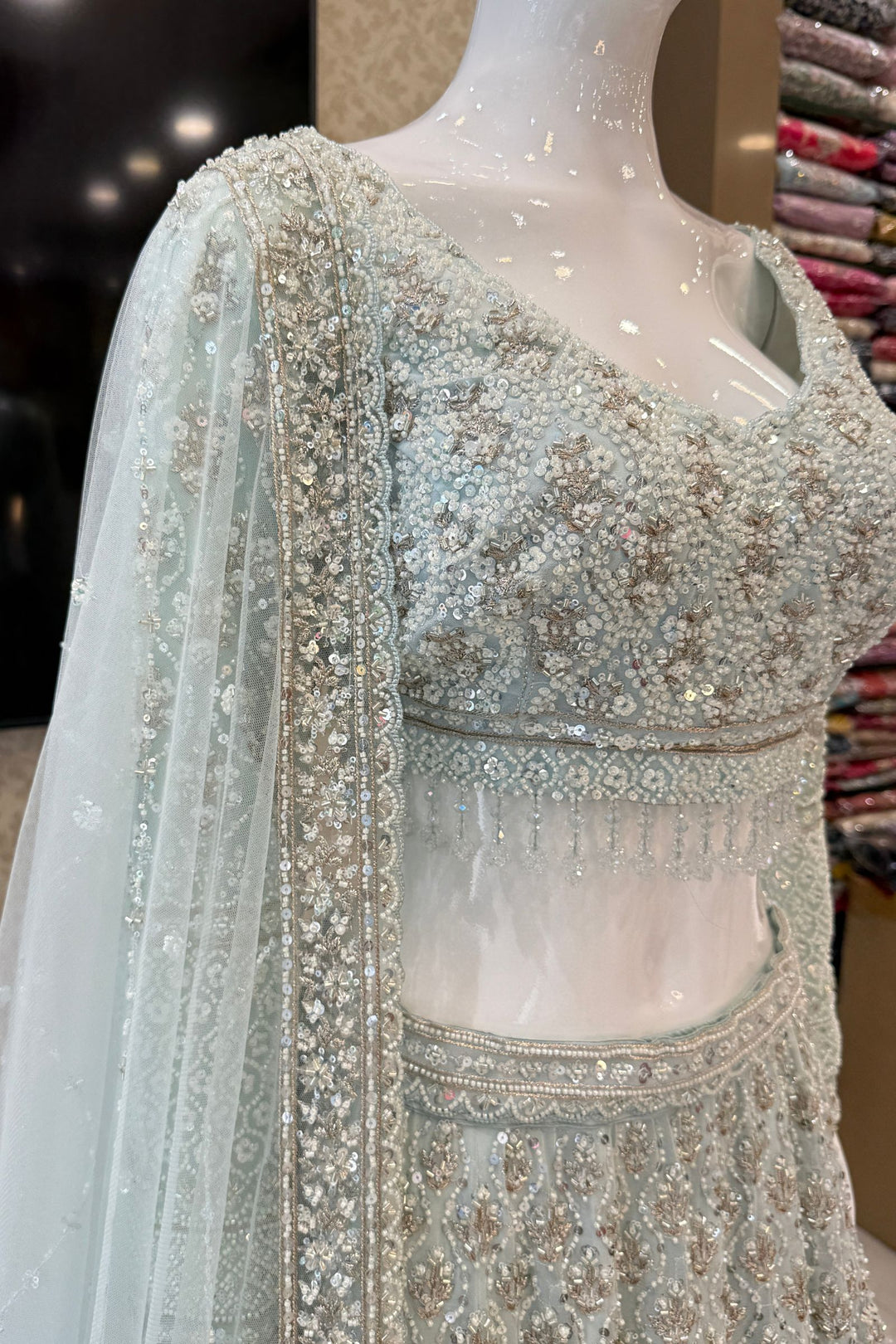 Aqua Blue Beads, Sequins and Zari work Crop Top Designer Bridal Lehenga