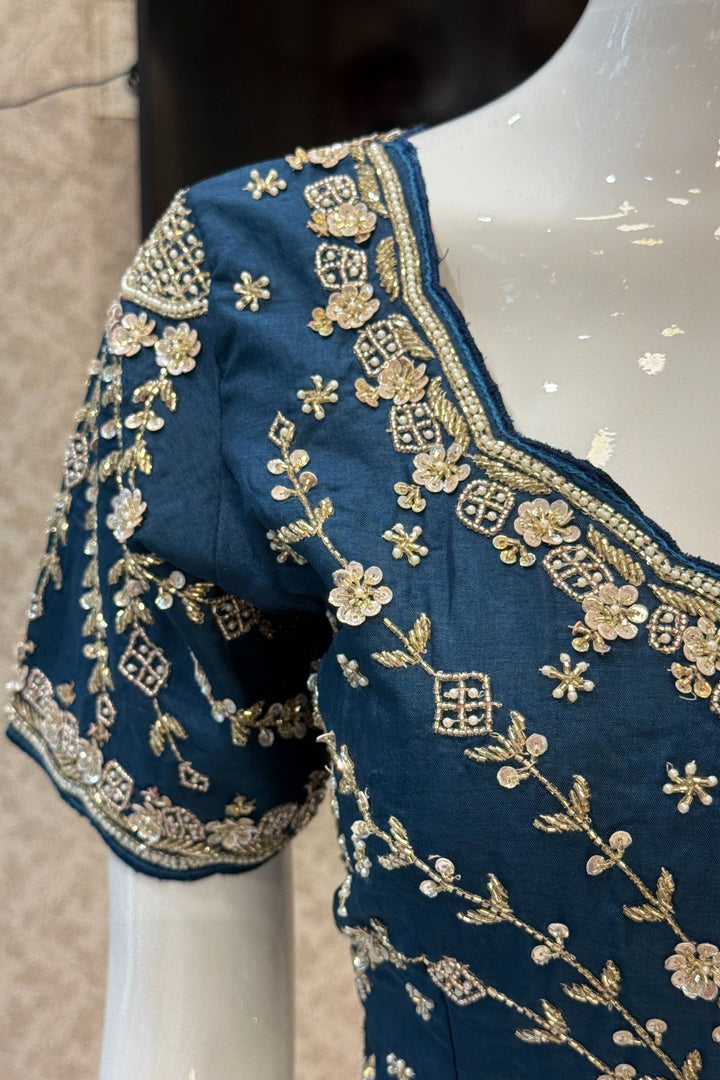Firozi Blue Beads, Sequins, Zari and Pearls work Saree
