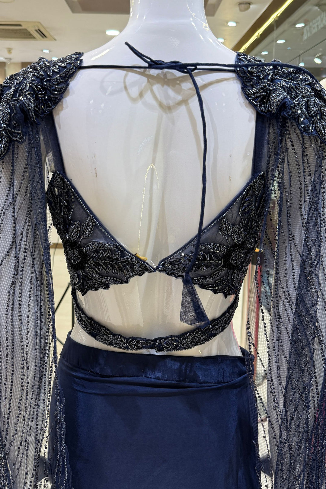 Navy Blue Indo-Western Styled Beads and Sequins work Crop Top and Cowl Skirt