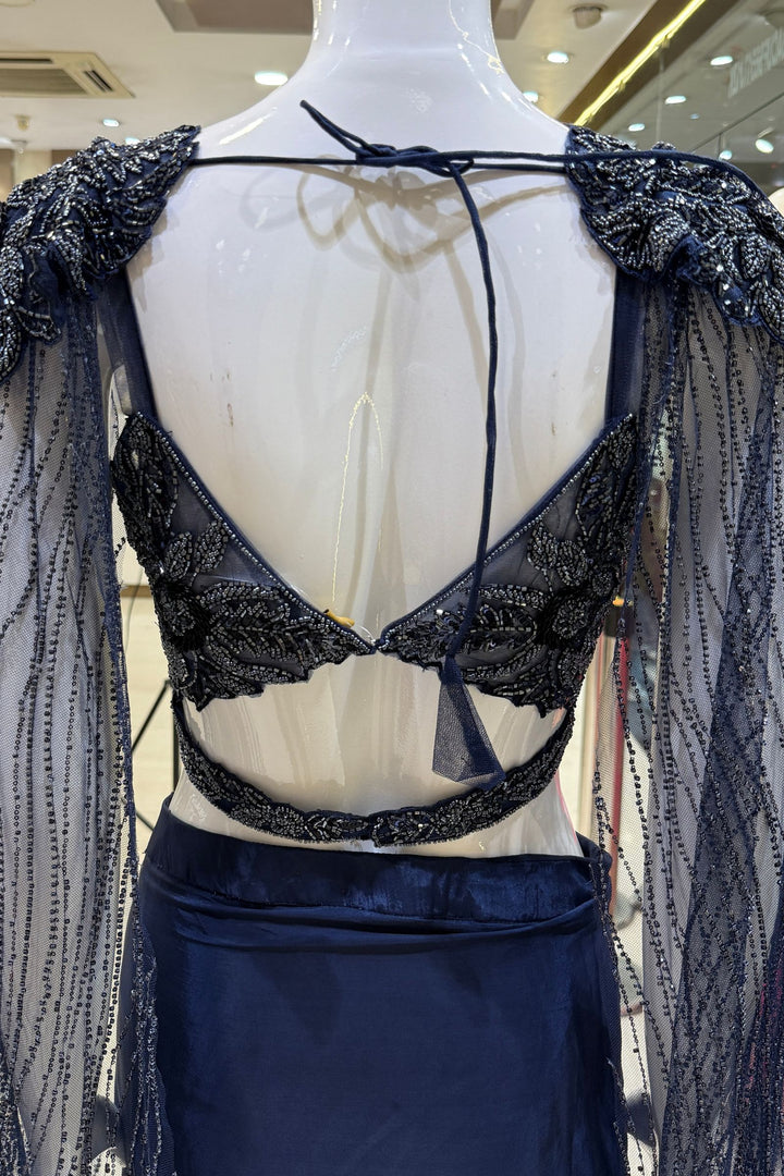 Navy Blue Indo-Western Styled Beads and Sequins work Crop Top and Cowl Skirt