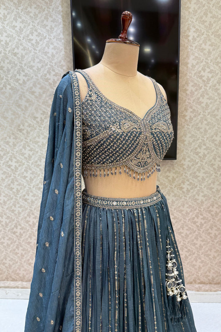Grey Beads, Stone, Zari and Sequins work Crop Top Lehenga