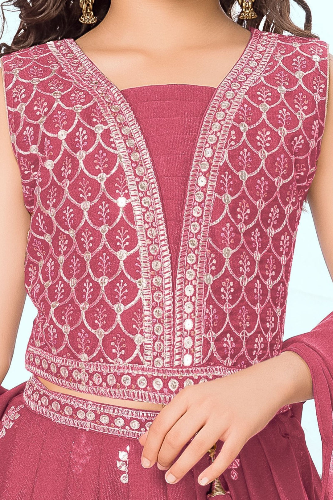 Gajri Pink Zari, Sequins and Multicolor Thread work Lehenga Choli for Girls