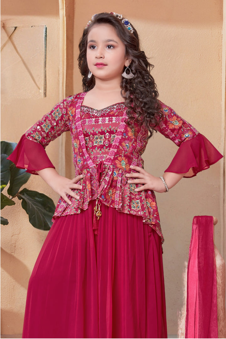 Rani Pink Sequins and Zari work with Digital Print Overcoat Styled Palazzo Set For Girls