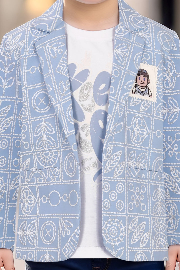 Sky Blue with Dark Blue Blazer, Printed T-Shirt and Pant Set for Boys