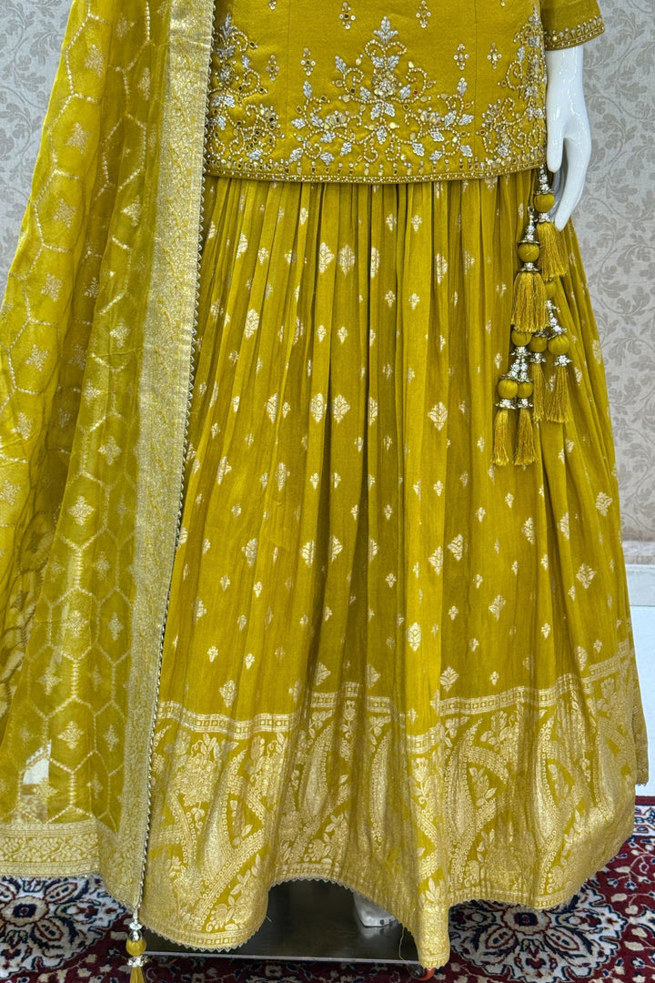 Yellow Mirror, Stone, Sequins, Zari, Beads and Banaras work Top with Lehenga