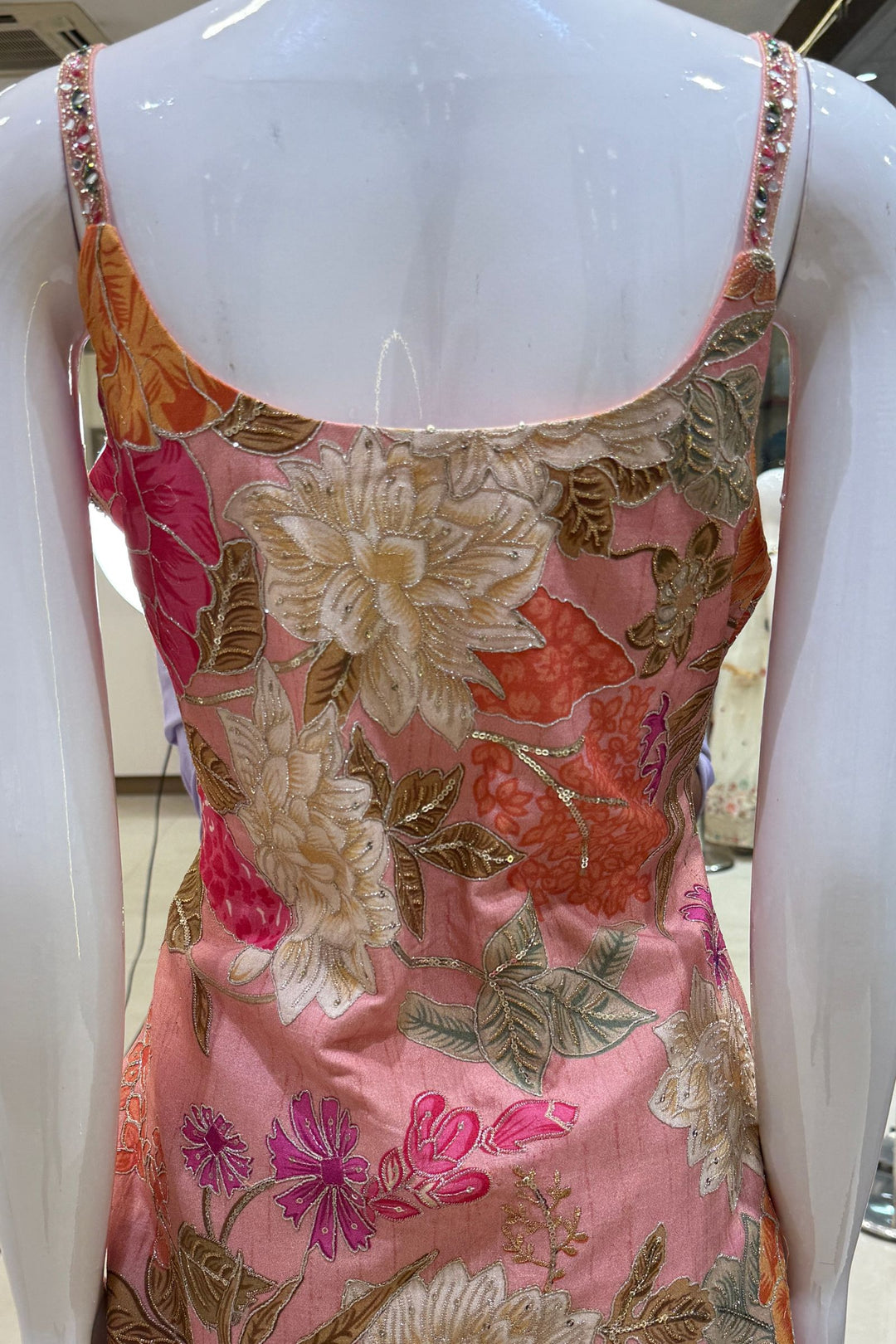 Peach Mirror, Sequins, Zari and Beads work with Floral Print Palazzo Salwar Suit