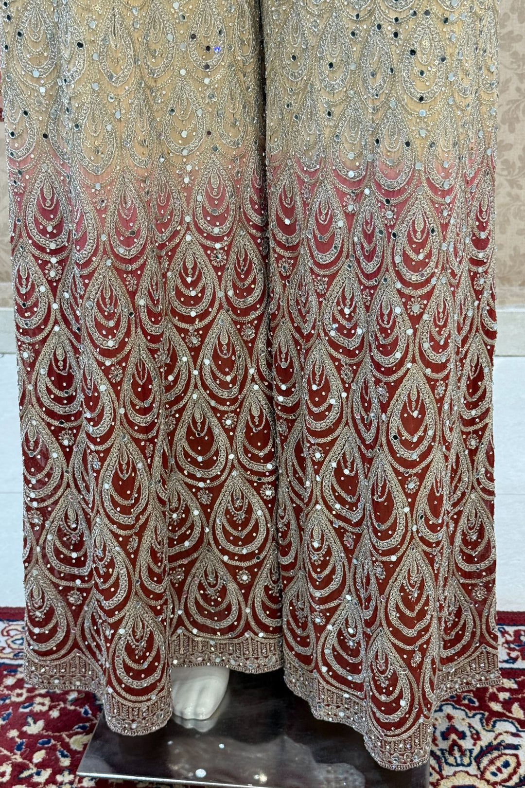 Beige with Maroon Sequins, Zardozi, Beads and Stone work Crop Top with Palazzo Pant