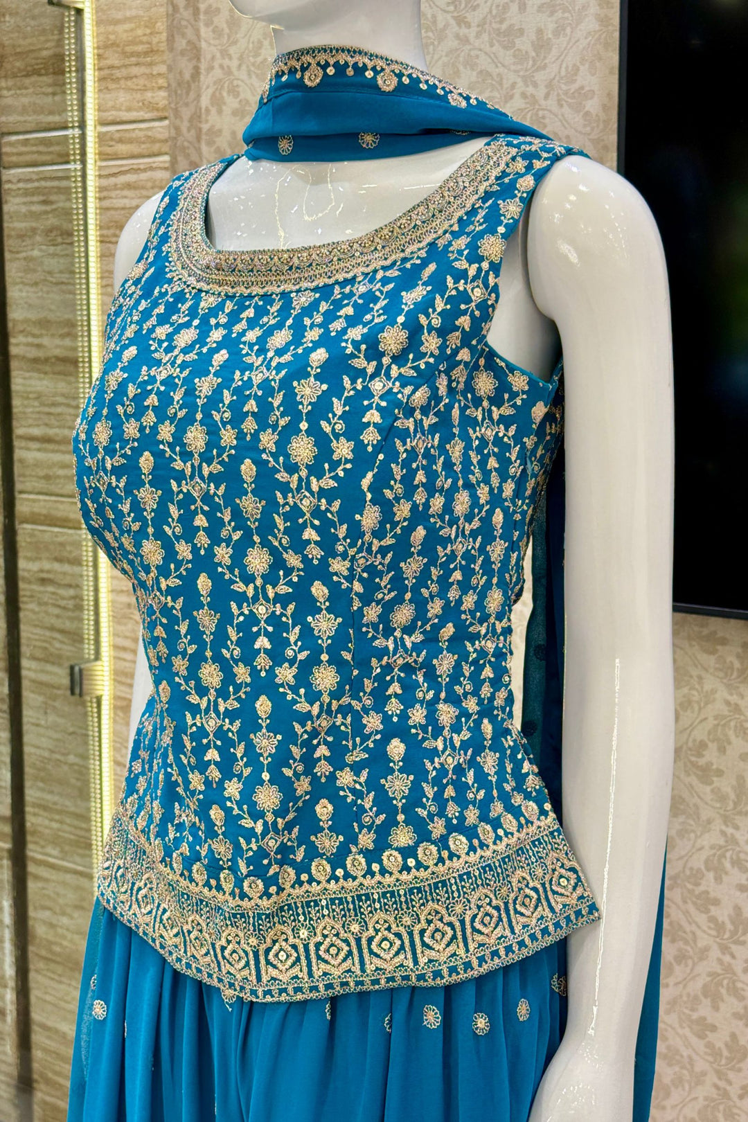 Rama Blue Silver Zari and Sequins work Palazzo Salwar Suit