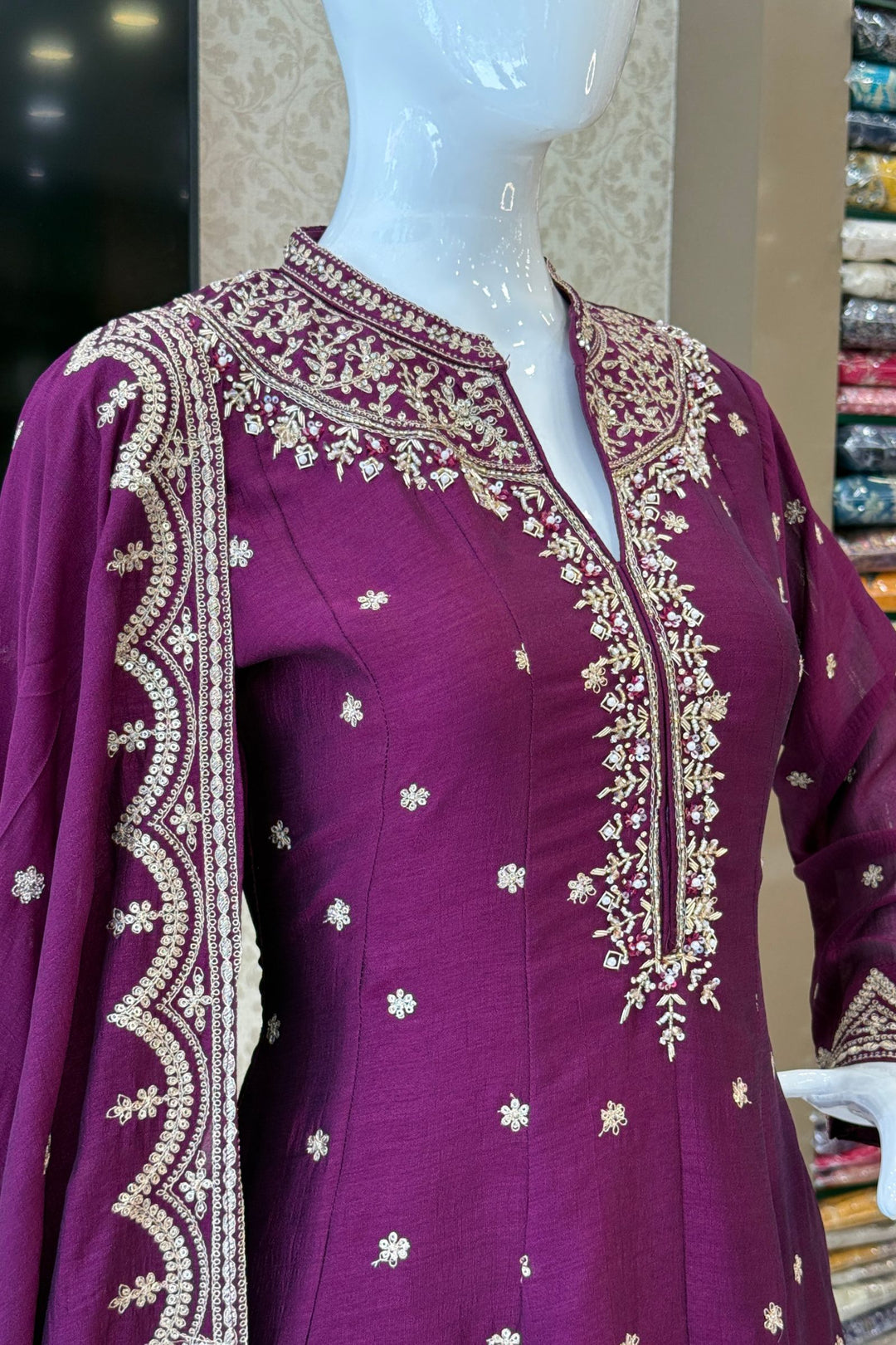 Wine Zari, Zardozi, Sequins and Stone work A-line Cut Salwar Suit