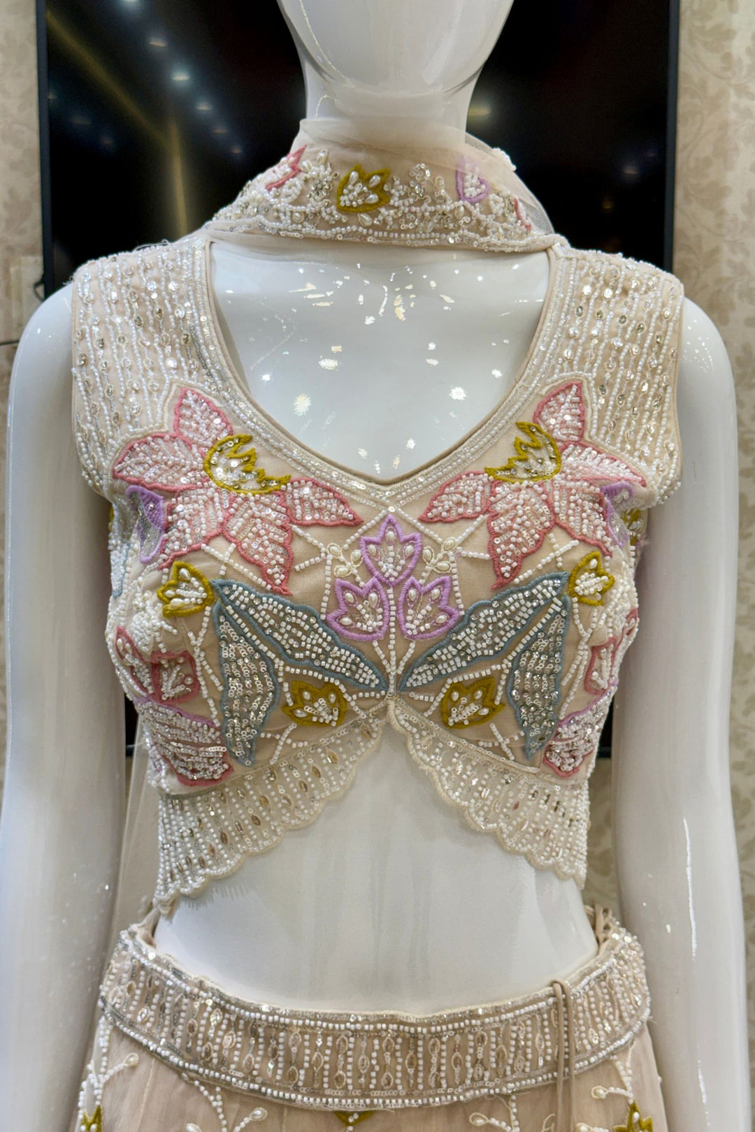 Beige Beads, Stone, Sequins, Pearl and Multicolor Embroidery work Designer Lehenga