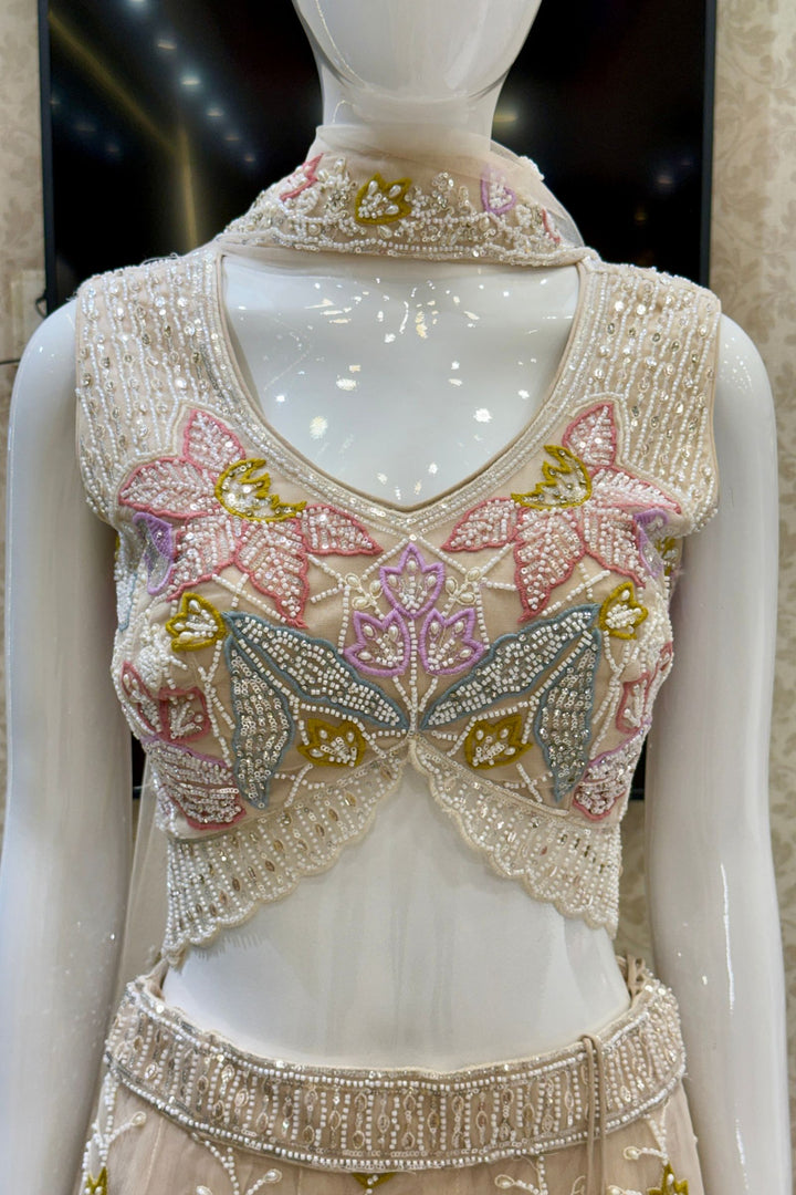 Beige Beads, Stone, Sequins, Pearl and Multicolor Embroidery work Designer Lehenga