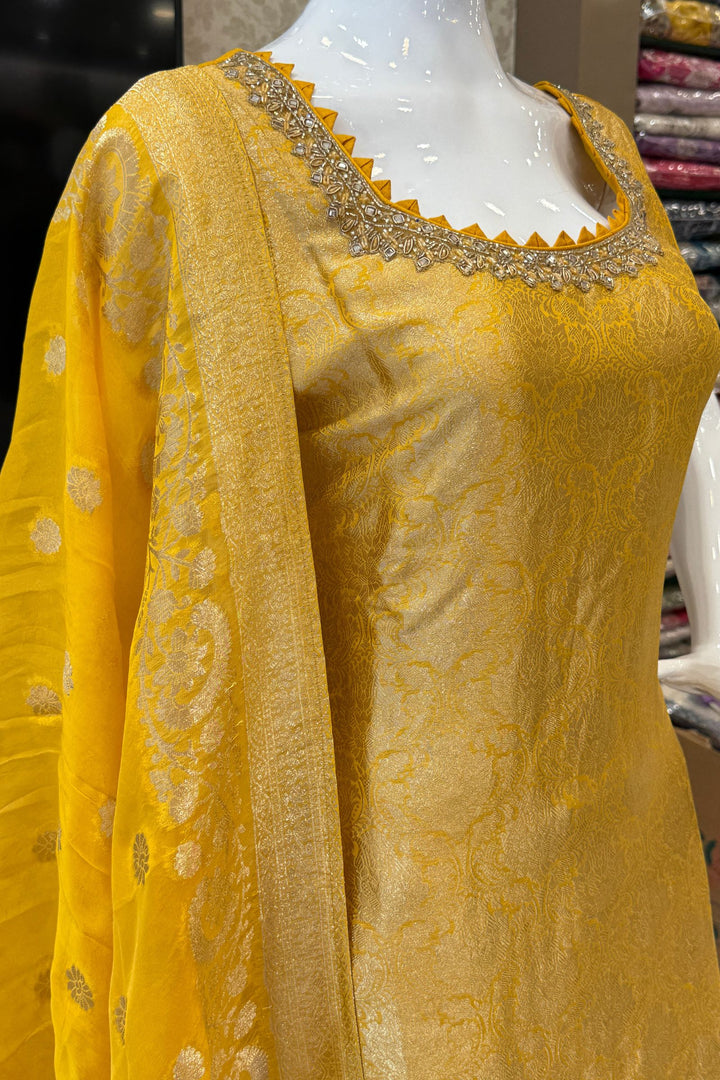 Yellow Beads, Mirror, Stone, Banaras and Brocade work Straight Cut Salwar Suit