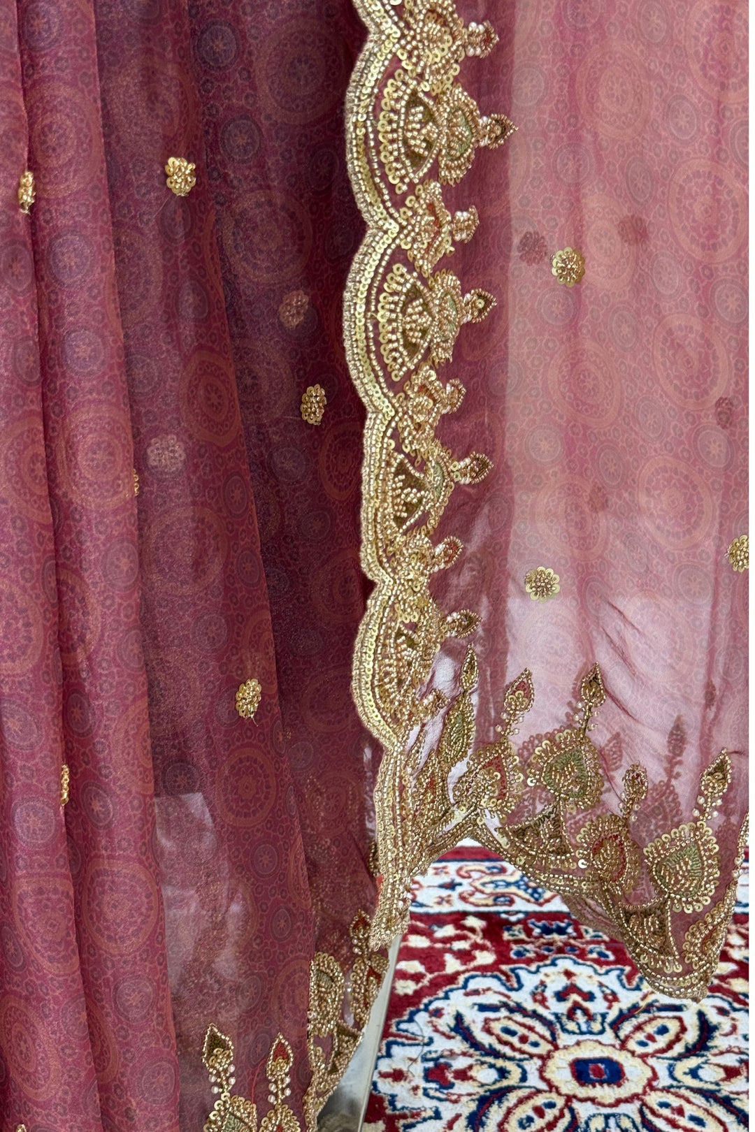 Onion Pink Pearls, Beads and Multicolor Thread work with Self Print Saree