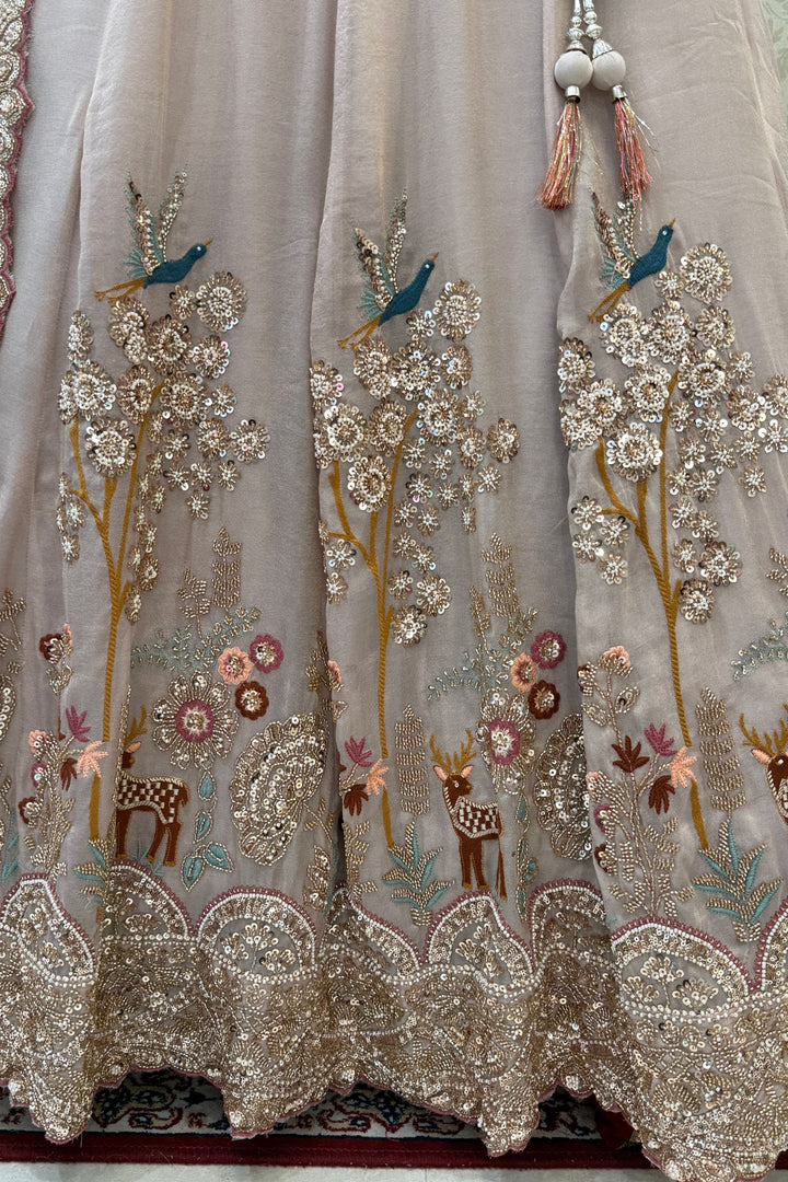 Beige Wedding Lehenga with Bird and Deer Motifs and Floral Bloom Embroidery with Belt