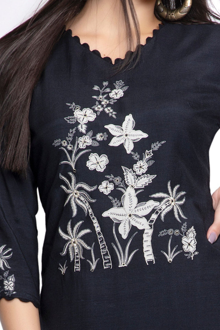 Black Embroidery work Calf Length Kurti