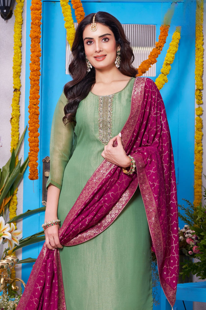 Pista Green Zardozi, Sequins, Beads and Zari work Straight Cut Salwar Suit