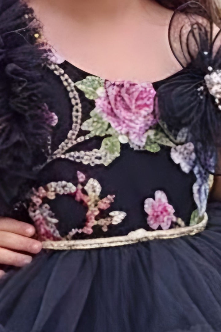 Black Sequins and Zari work Tail Cut Double Layered Partywear Frock for Girls