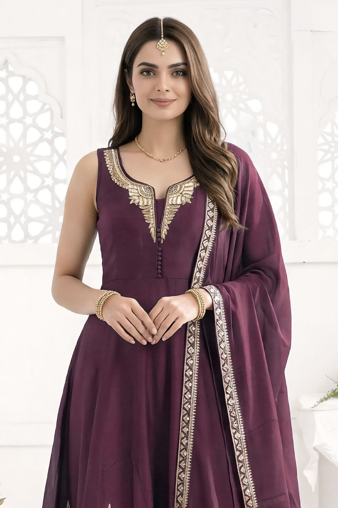 Wine Brocade, Beads and Zardozi work Anarkali Style Salwar Suit with Palazzo Pant