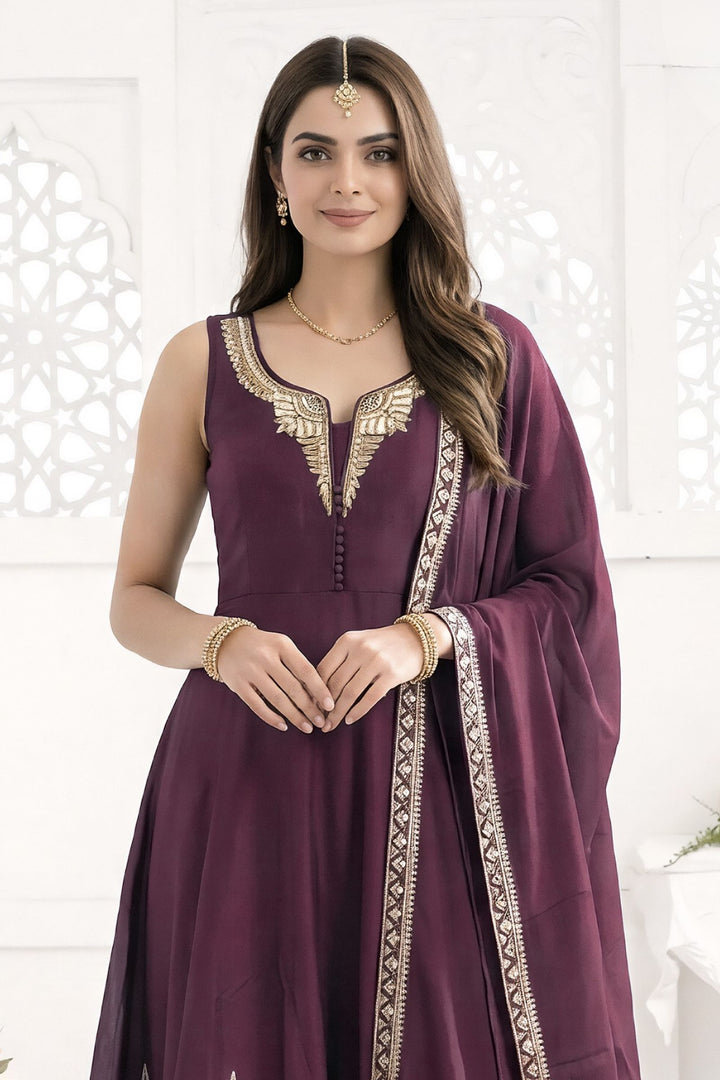 Wine Brocade, Beads and Zardozi work Anarkali Style Salwar Suit with Palazzo Pant