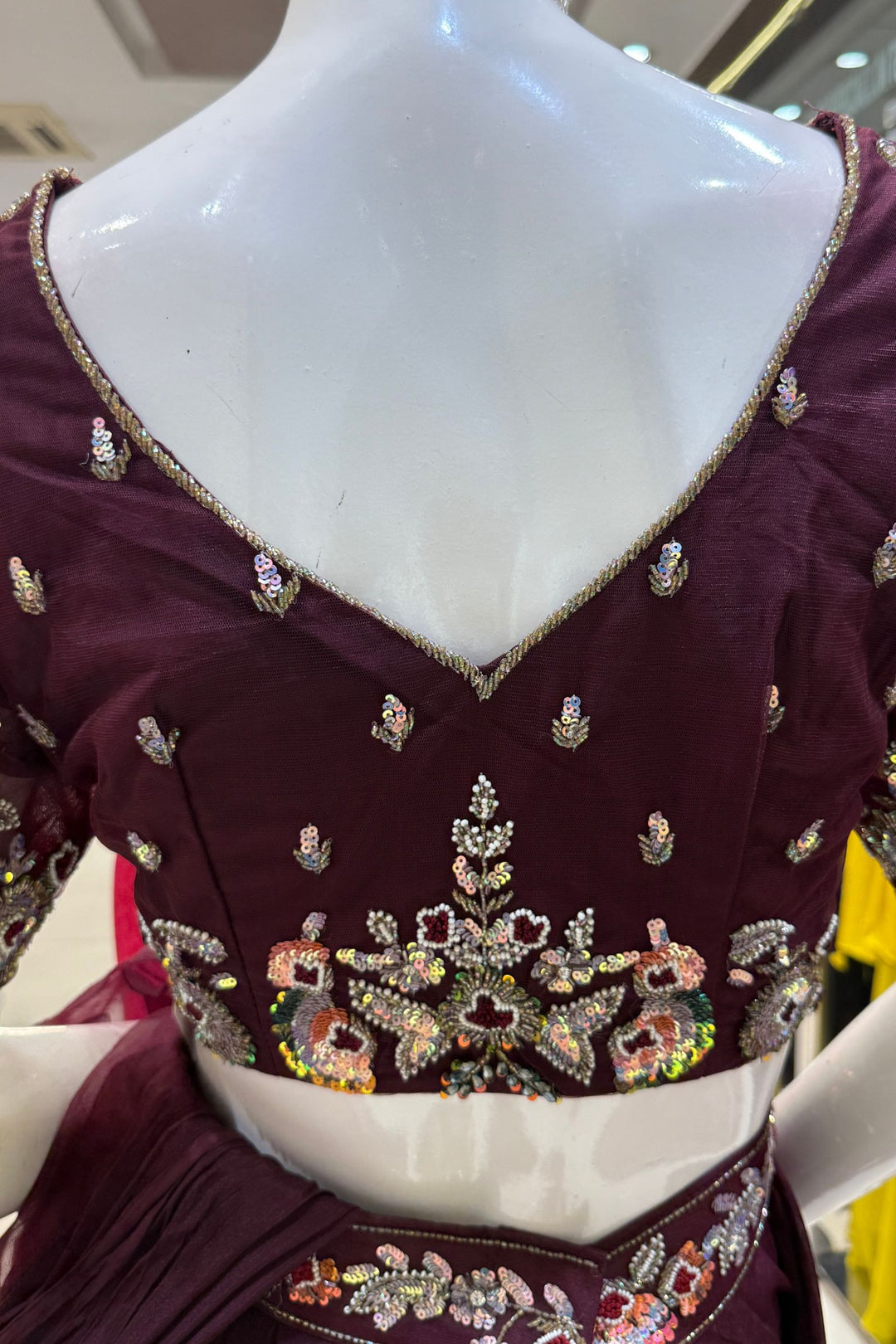 Wine Readymade Saree with Beads, Thread and Stone work Readymade Blouse