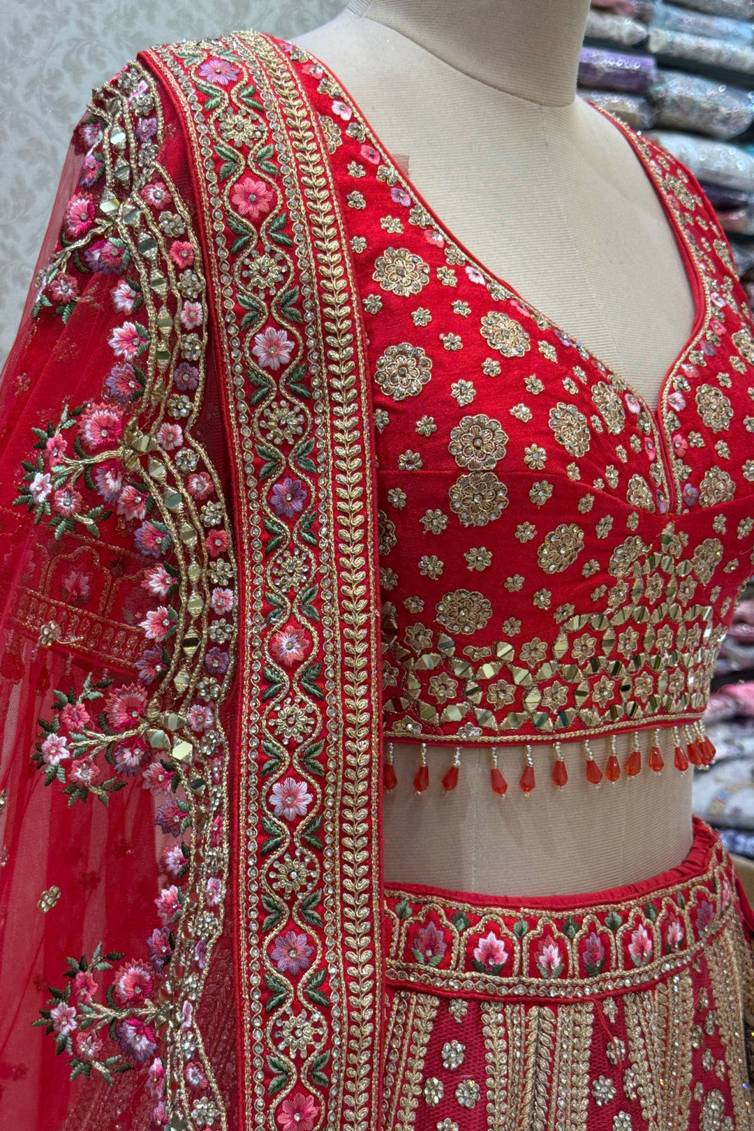 Designer Bridal Red Lehenga with Rich Multicolor Embroidery, Stone and Mirror Work