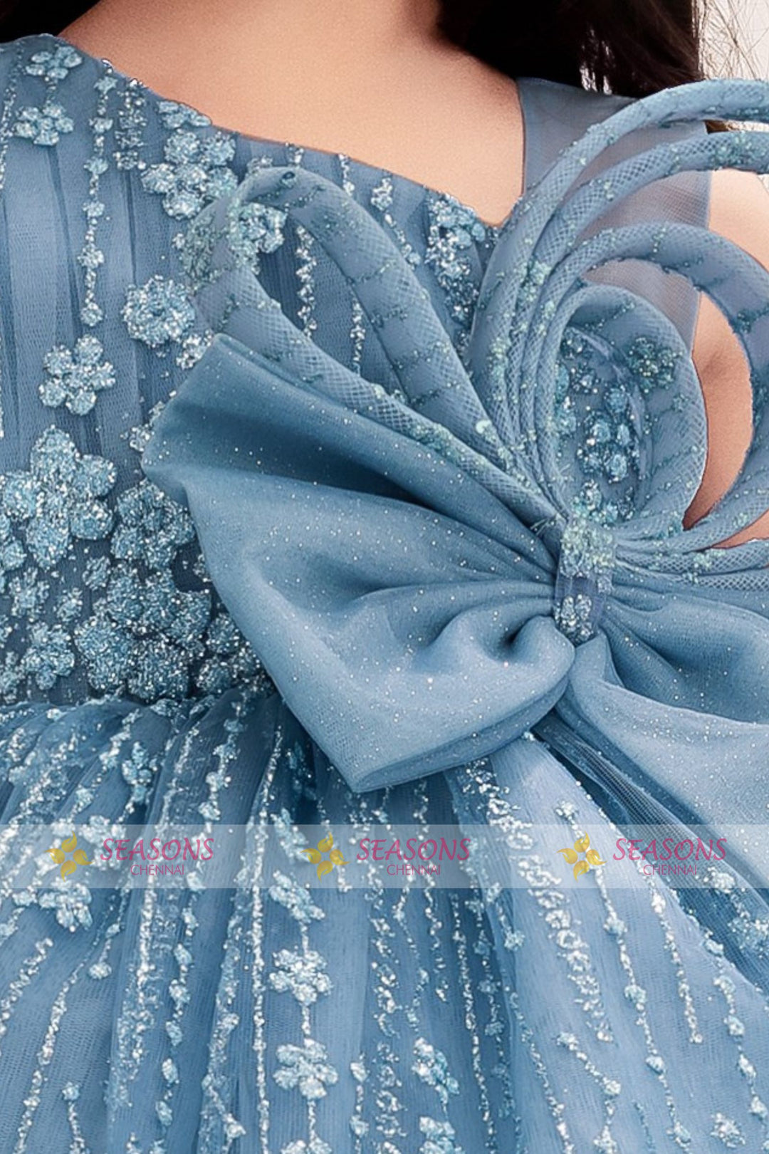 Greyish Blue Glitter work Short Partywear Frock for Girls