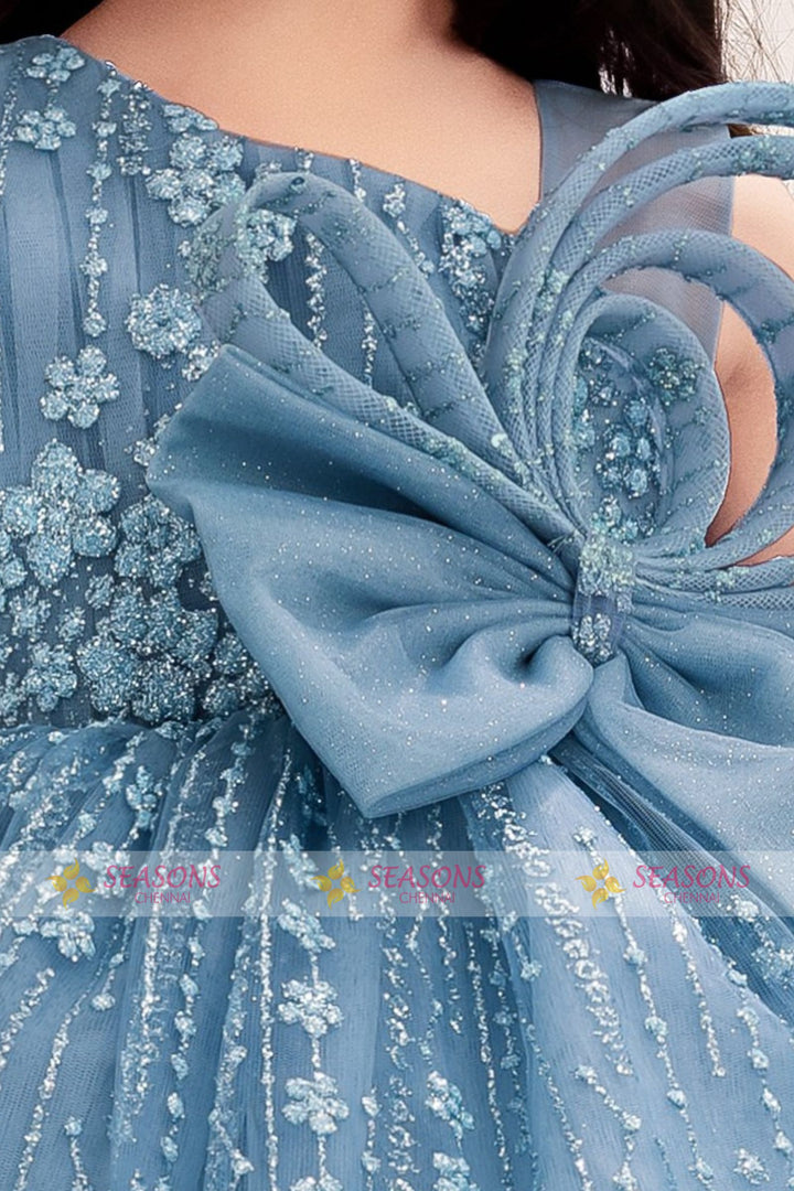 Greyish Blue Glitter work Short Partywear Frock for Girls