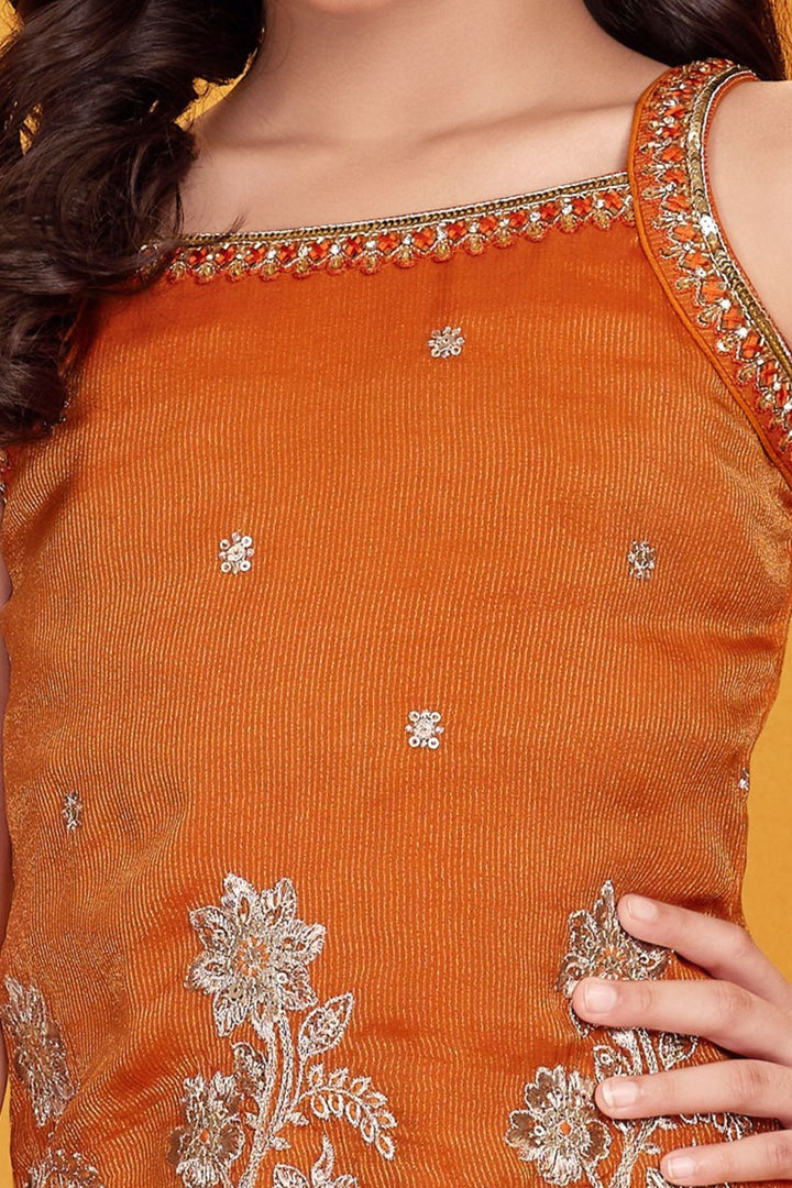 Orange Zari Weaving, Sequins, Mirror and Stone work Palazzo Suit Set for Girls