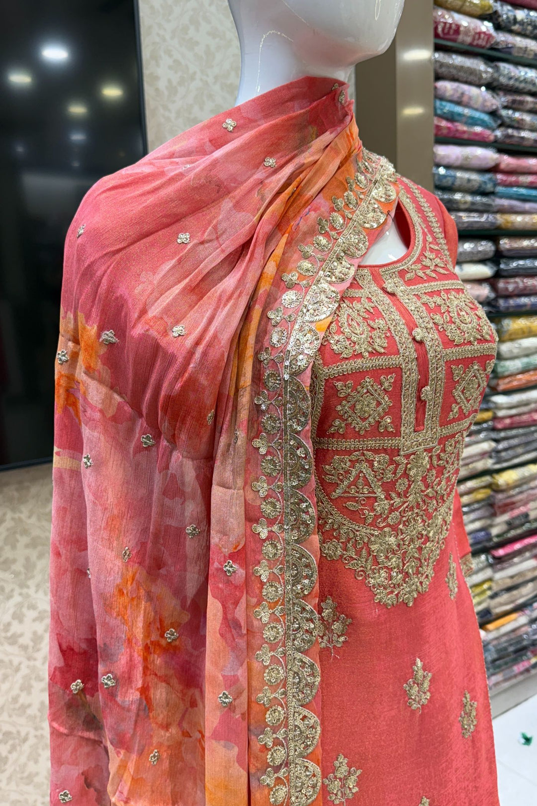 Tomato Red Zari and Sequins work with Digital Print Palazzo Salwar Suit